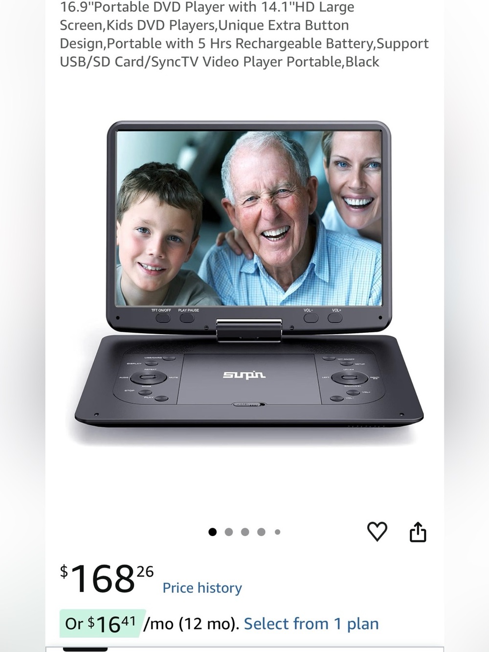 Portable DVD Player - Black - 16.9" Swivel Screen